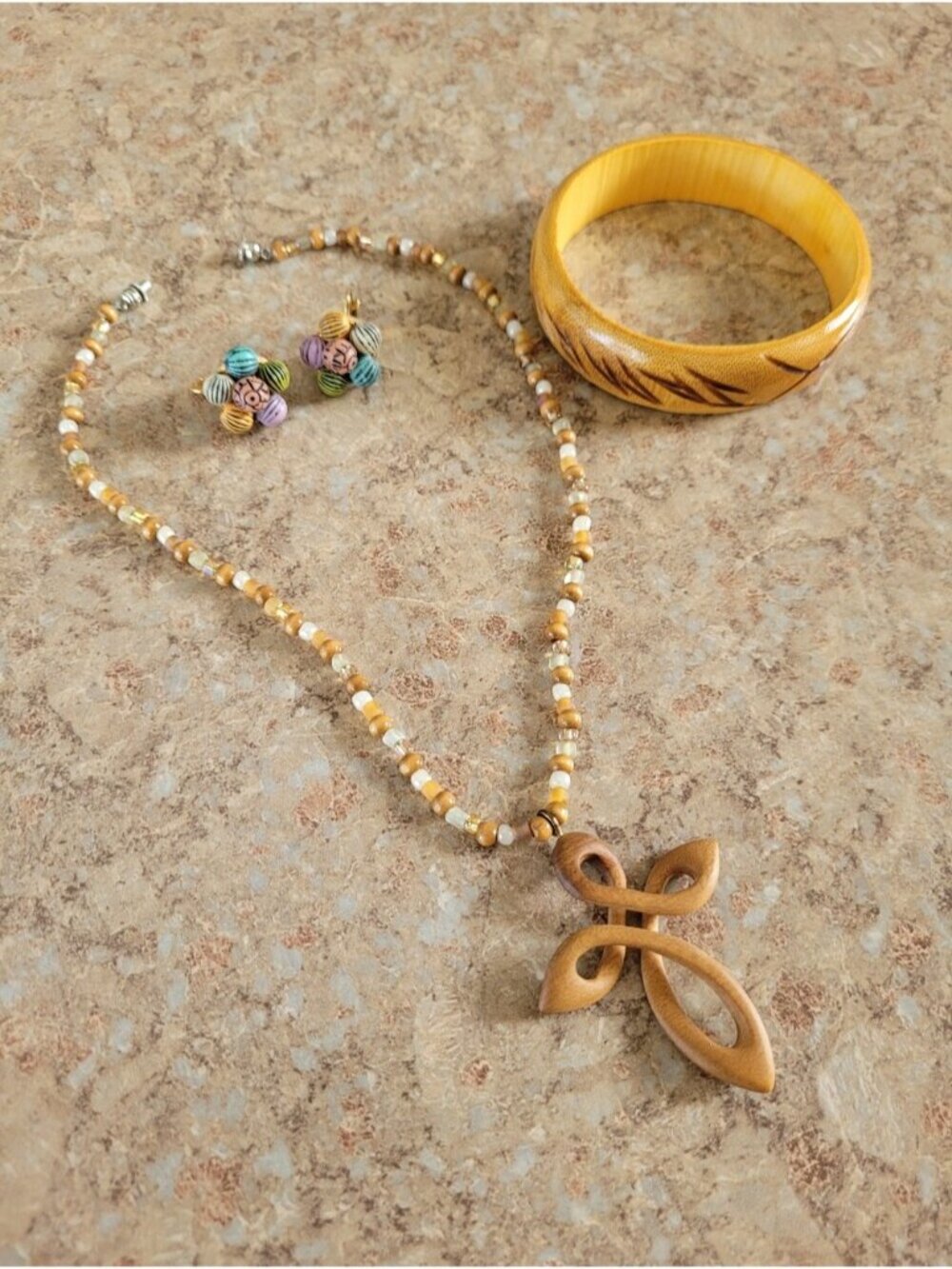 Handcrafted Wood Cross Pendant, Bangle Bracelet, and Earrings